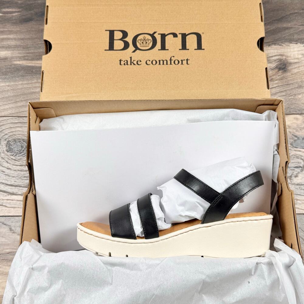 NIB Born Pawnee 8M Black Leather Strappy Comfort Lightweight Wedge Sandals - Picture 10 of 11